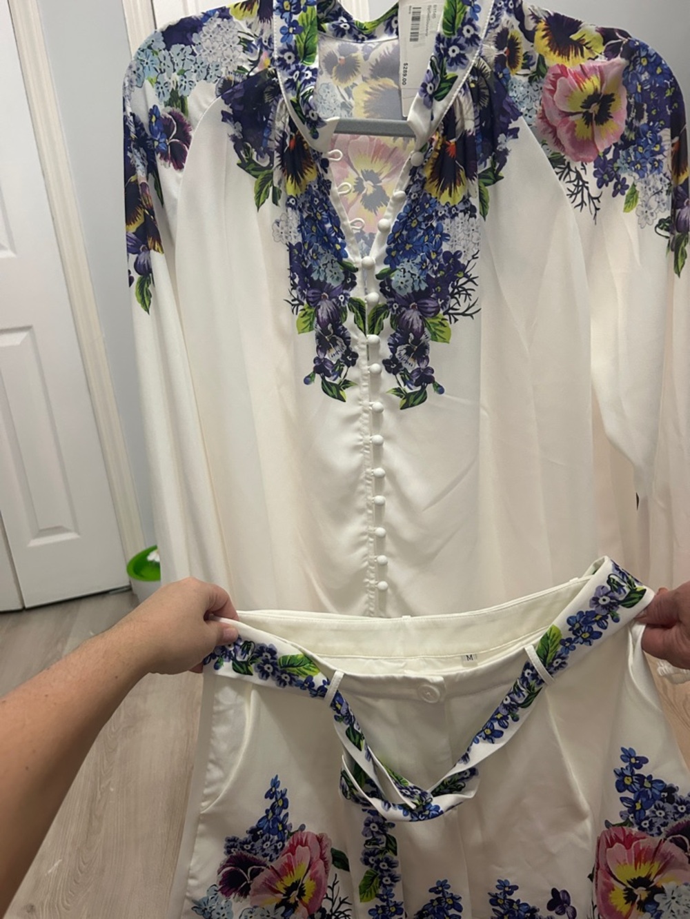 White Floral Satin Pajama Set with Purple and Pink Accents